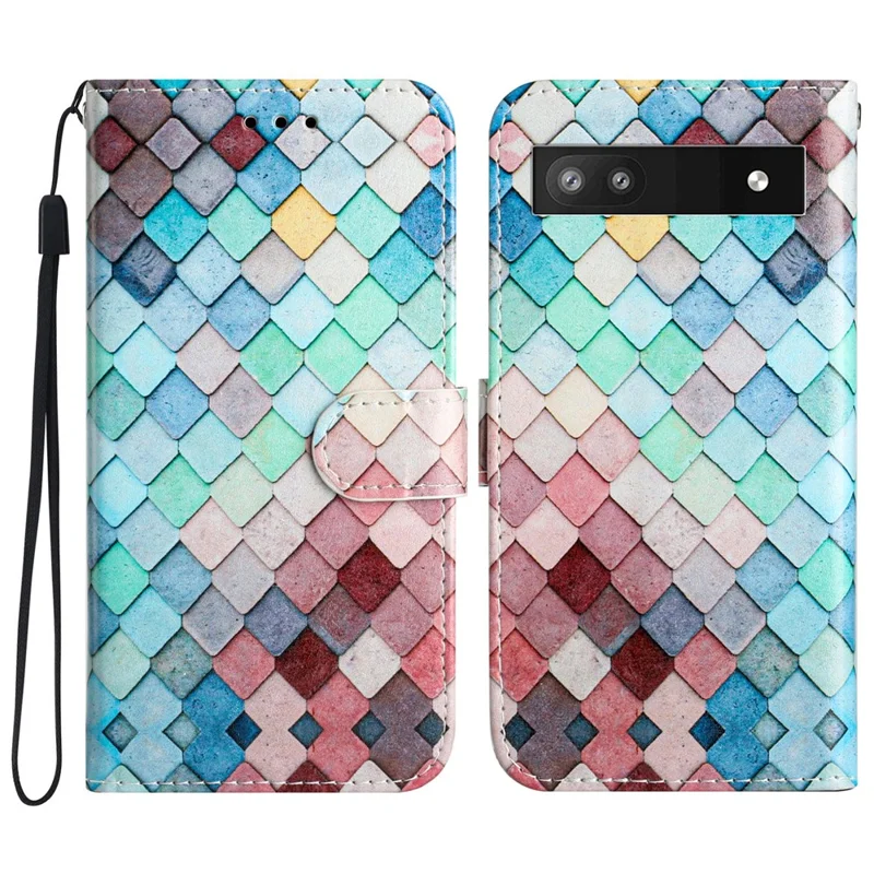 For Google Pixel 7a Wallet Phone Case PU Leather Pattern Printing Stand Phone Cover with Strap - Colorful Grid