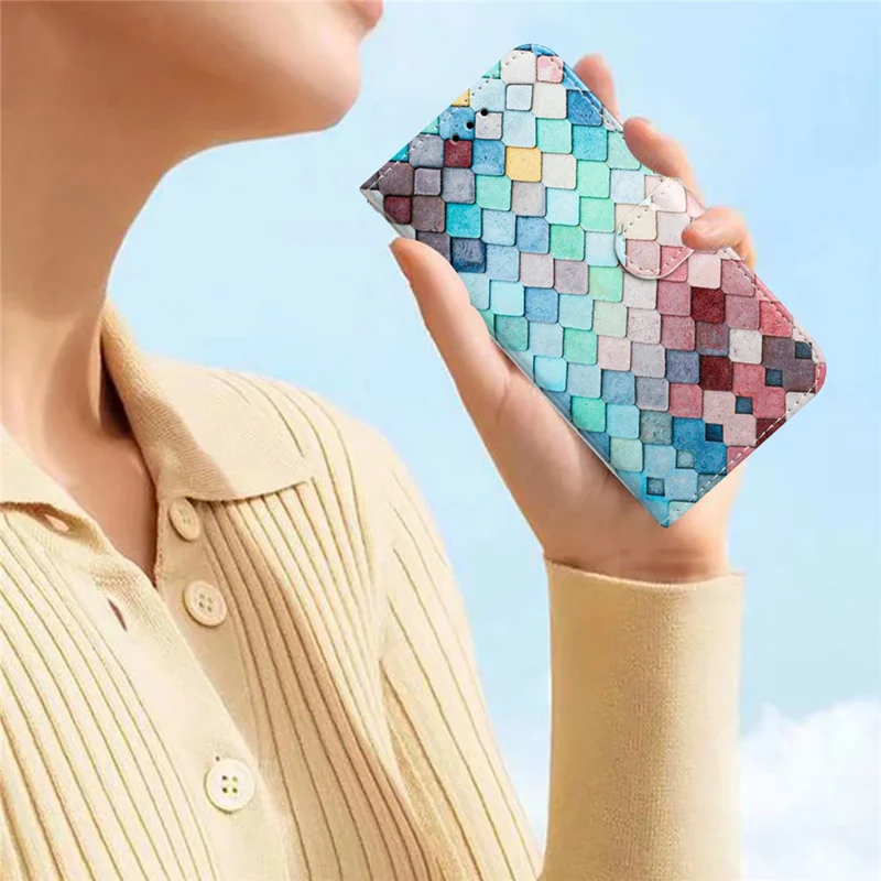For Google Pixel 7a Wallet Phone Case PU Leather Pattern Printing Stand Phone Cover with Strap - Colorful Grid