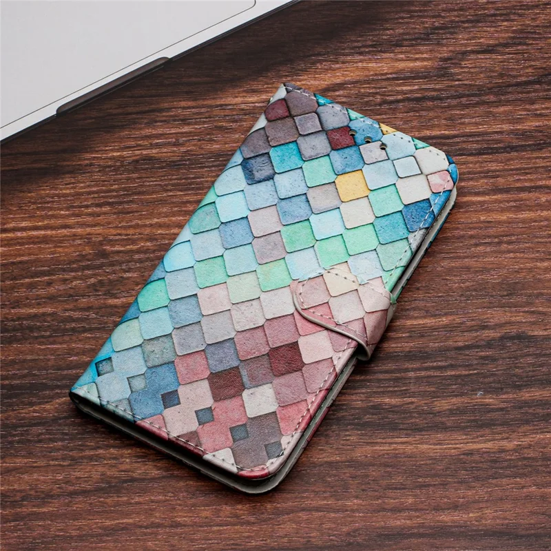 For Google Pixel 7a Wallet Phone Case PU Leather Pattern Printing Stand Phone Cover with Strap - Colorful Grid