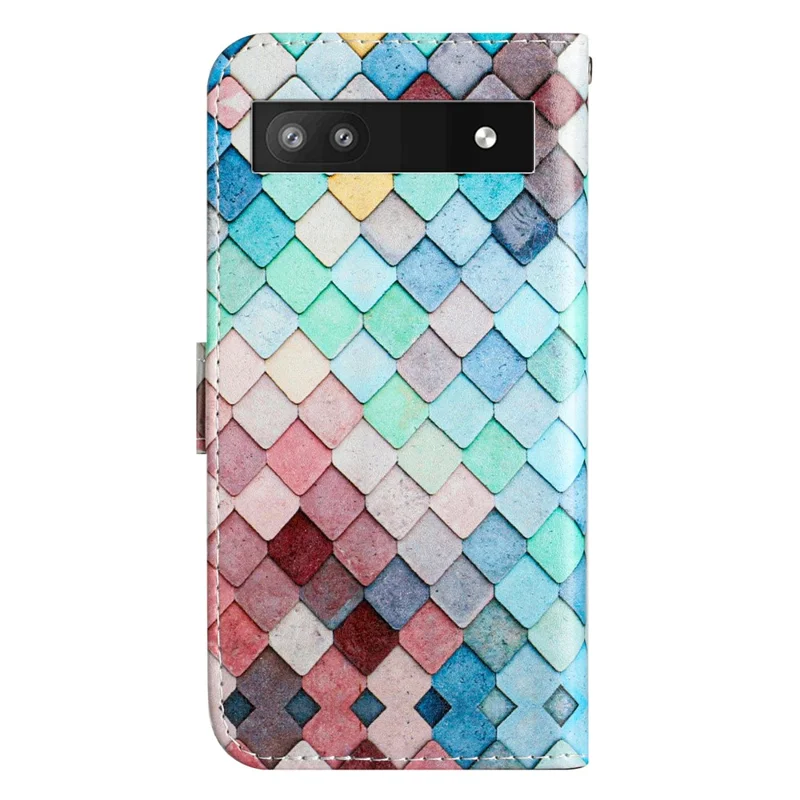 For Google Pixel 7a Wallet Phone Case PU Leather Pattern Printing Stand Phone Cover with Strap - Colorful Grid