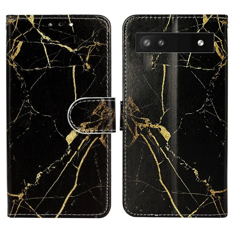 Wallet Phone Case for Google Pixel 7a Anti-Drop Shockproof Case Pattern Printing Leather Flip Cover - Black Gold Marble