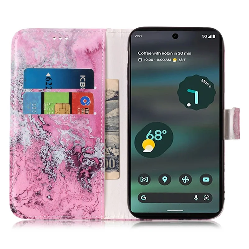 Wallet Phone Case for Google Pixel 7a Anti-Drop Shockproof Case Pattern Printing Leather Flip Cover - Black Gold Marble
