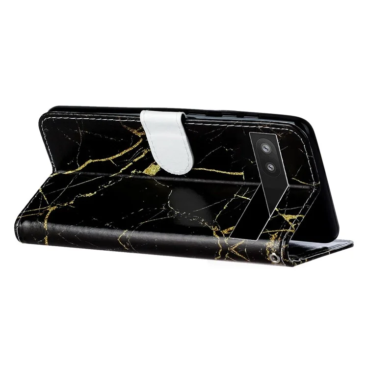 Wallet Phone Case for Google Pixel 7a Anti-Drop Shockproof Case Pattern Printing Leather Flip Cover - Black Gold Marble