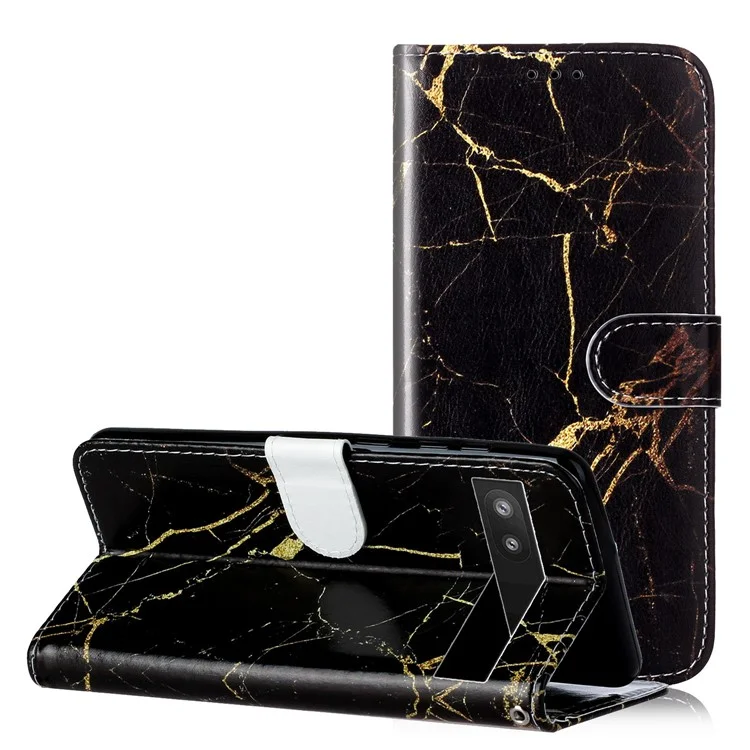 Wallet Phone Case for Google Pixel 7a Anti-Drop Shockproof Case Pattern Printing Leather Flip Cover - Black Gold Marble