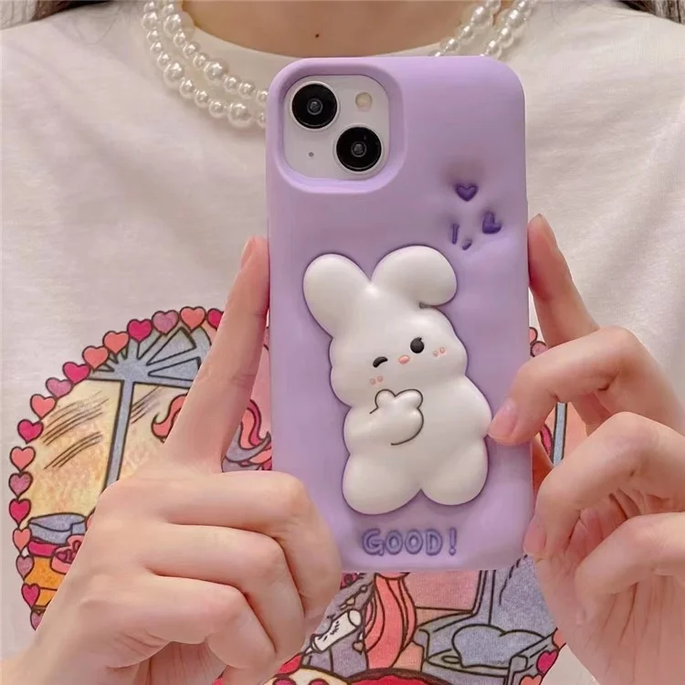 For iPhone 14 / 13 Silicone Phone Case 3D Cartoon Rabbit Decor Anti-scratch Phone Cover
