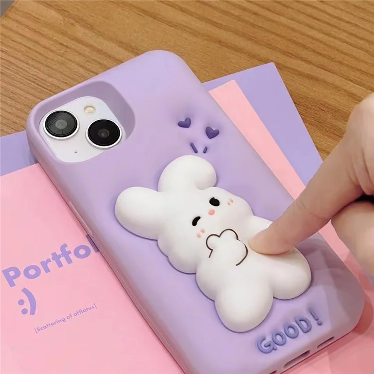 For iPhone 14 / 13 Silicone Phone Case 3D Cartoon Rabbit Decor Anti-scratch Phone Cover