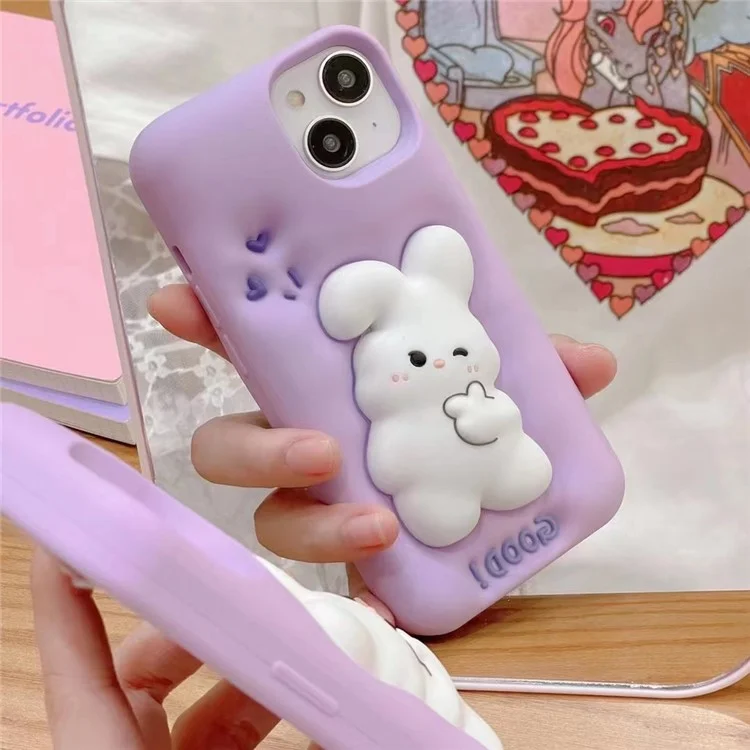 For iPhone 14 / 13 Silicone Phone Case 3D Cartoon Rabbit Decor Anti-scratch Phone Cover