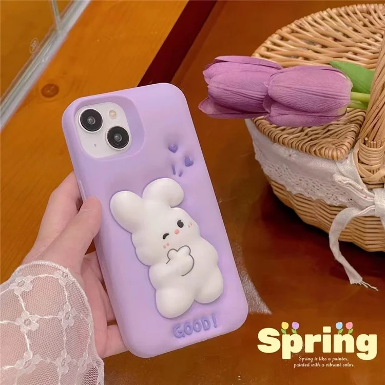 For iPhone 14 / 13 Silicone Phone Case 3D Cartoon Rabbit Decor Anti-scratch Phone Cover