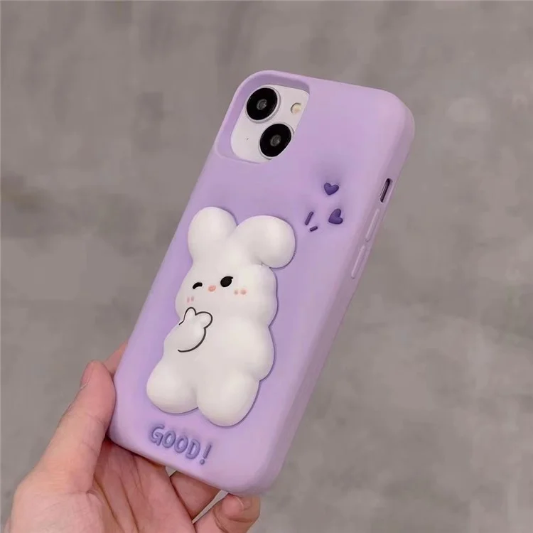 For iPhone 14 / 13 Silicone Phone Case 3D Cartoon Rabbit Decor Anti-scratch Phone Cover