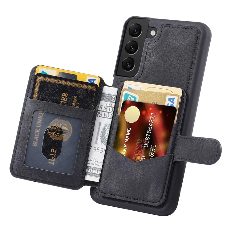 Para Samsung Galaxy S22 5G RFID Blocking Phone Case Leather Coated TPU Kickstand Wallet Phone Cover - Preto