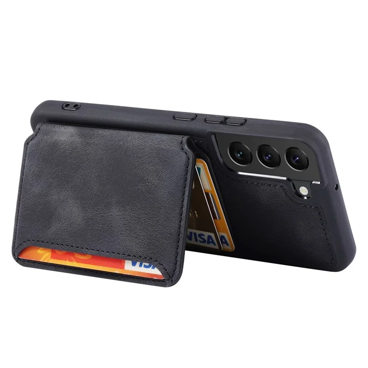Para Samsung Galaxy S22 5G RFID Blocking Phone Case Leather Coated TPU Kickstand Wallet Phone Cover - Preto
