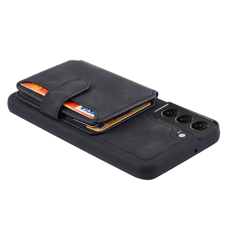 Para Samsung Galaxy S22 5G RFID Blocking Phone Case Leather Coated TPU Kickstand Wallet Phone Cover - Preto