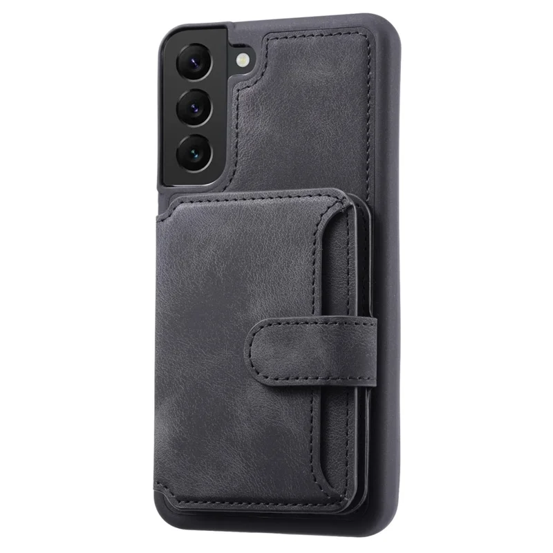 Para Samsung Galaxy S22 5G RFID Blocking Phone Case Leather Coated TPU Kickstand Wallet Phone Cover - Preto