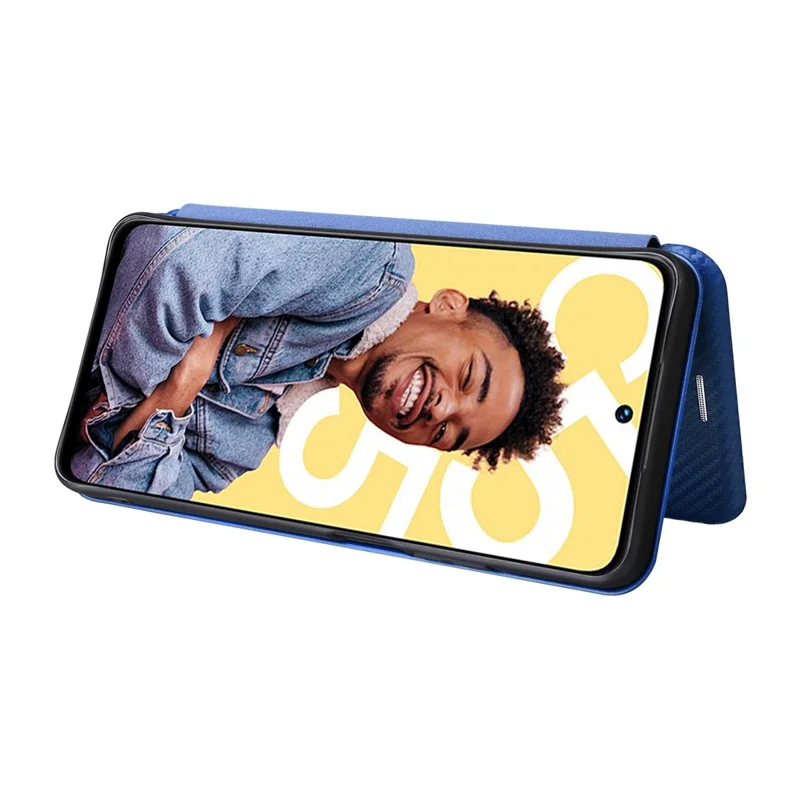 For Realme C55 Leather Stand Card Holder Phone Case Carbon Fiber Texture Phone Cover - Blue
