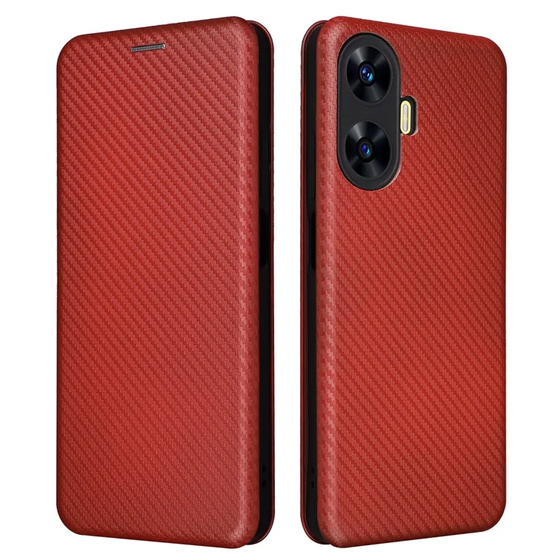 For Realme C55 Leather Stand Card Holder Phone Case Carbon Fiber Texture Phone Cover - Brown