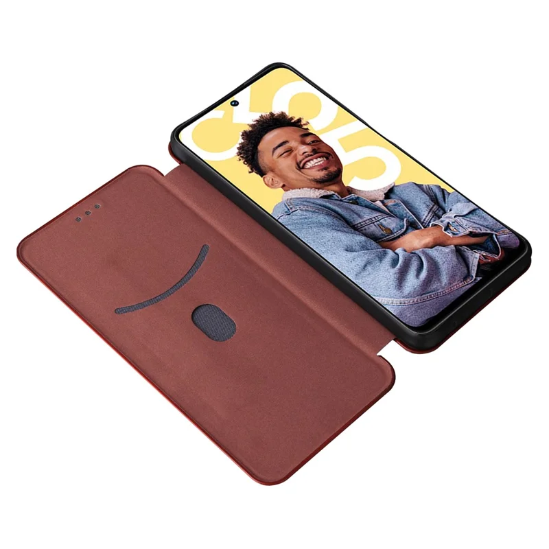 For Realme C55 Leather Stand Card Holder Phone Case Carbon Fiber Texture Phone Cover - Brown