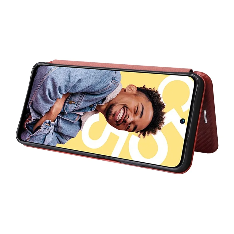 For Realme C55 Leather Stand Card Holder Phone Case Carbon Fiber Texture Phone Cover - Brown