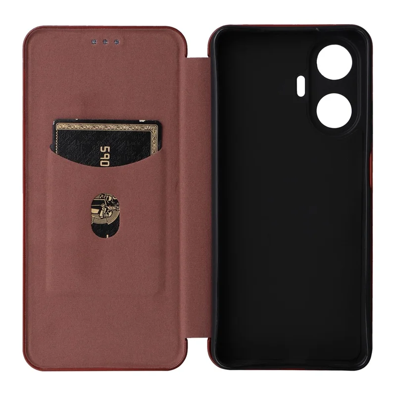 For Realme C55 Leather Stand Card Holder Phone Case Carbon Fiber Texture Phone Cover - Brown