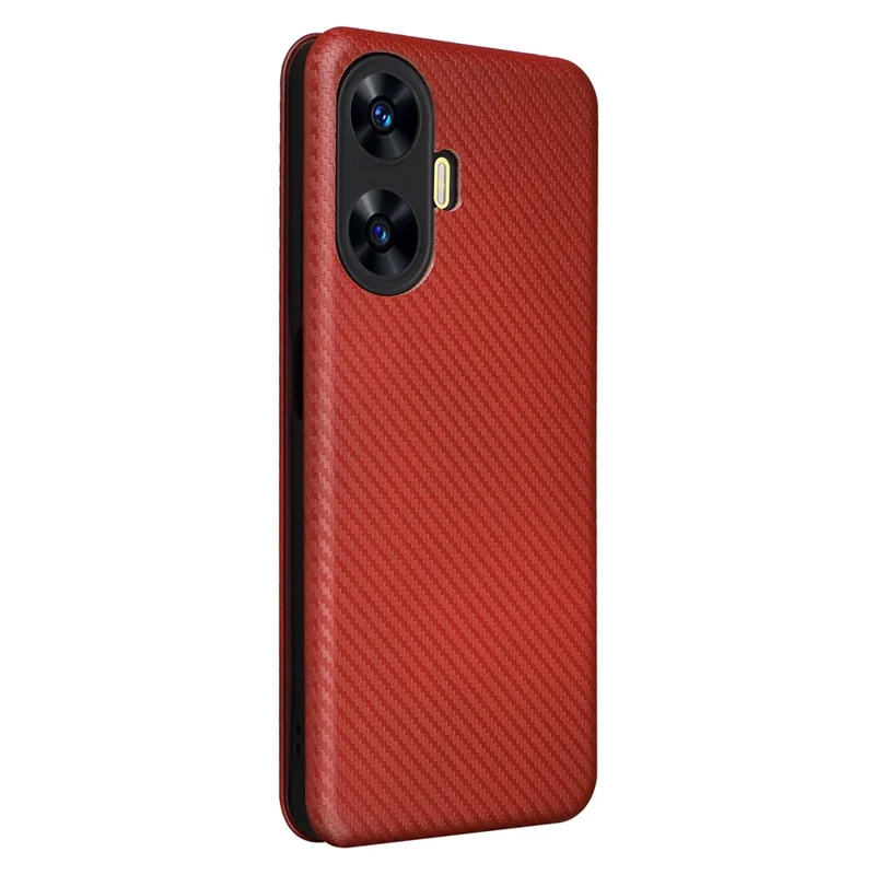 For Realme C55 Leather Stand Card Holder Phone Case Carbon Fiber Texture Phone Cover - Brown