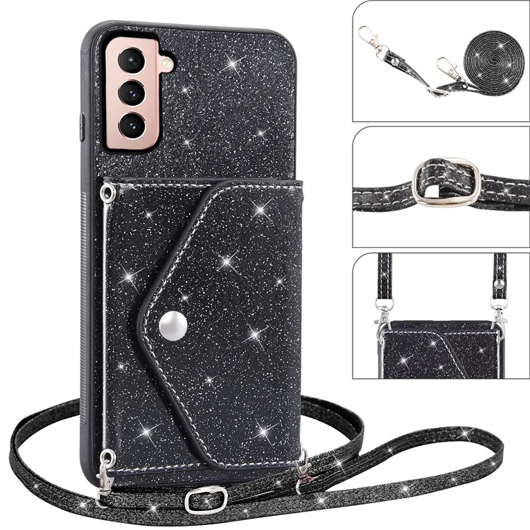 Glitter Phone Case for Samsung Galaxy S23 Kickstand Card Holder Leather Coated TPU Cover with Shoulder Strap - Black