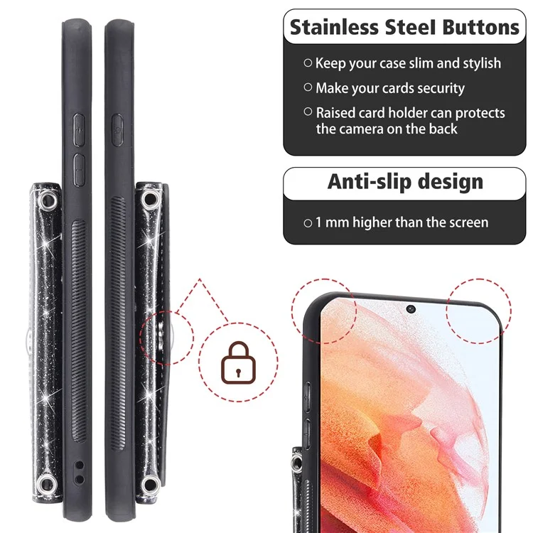 Glitter Phone Case for Samsung Galaxy S23 Kickstand Card Holder Leather Coated TPU Cover with Shoulder Strap - Black