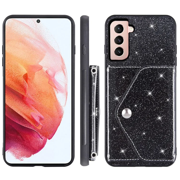 Glitter Phone Case for Samsung Galaxy S23 Kickstand Card Holder Leather Coated TPU Cover with Shoulder Strap - Black