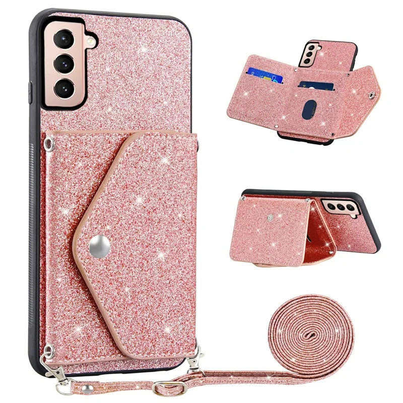 Glitter Phone Case for Samsung Galaxy S23 Kickstand Card Holder Leather Coated TPU Cover with Shoulder Strap - Pink