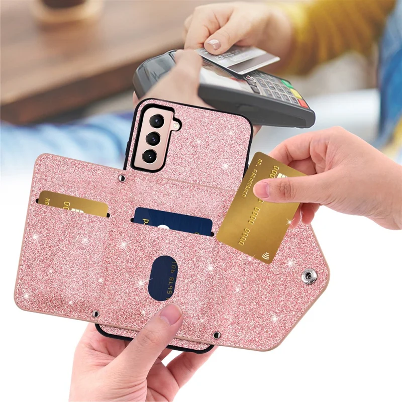 Glitter Phone Case for Samsung Galaxy S23 Kickstand Card Holder Leather Coated TPU Cover with Shoulder Strap - Pink