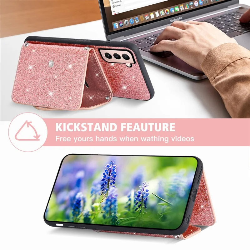 Glitter Phone Case for Samsung Galaxy S23 Kickstand Card Holder Leather Coated TPU Cover with Shoulder Strap - Pink