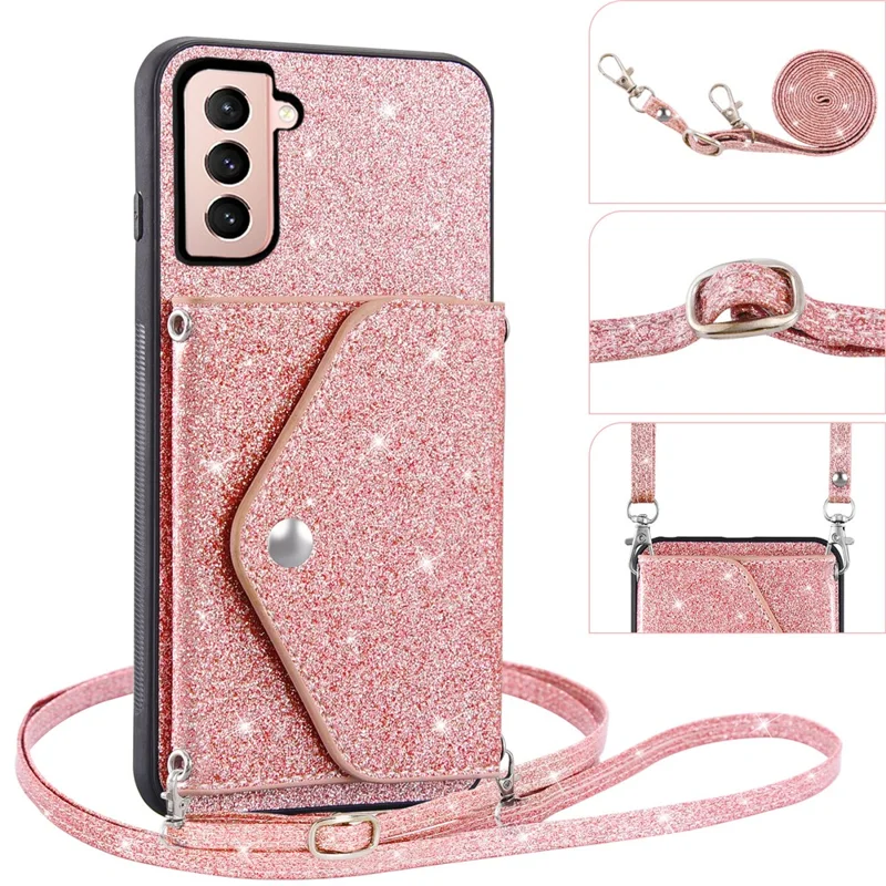 Glitter Phone Case for Samsung Galaxy S23 Kickstand Card Holder Leather Coated TPU Cover with Shoulder Strap - Pink