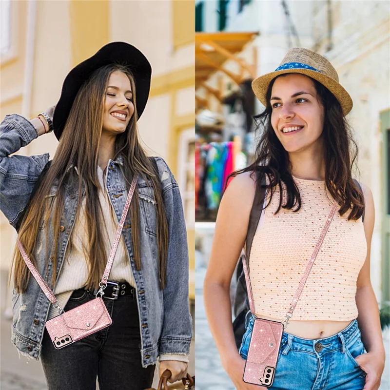 Glitter Phone Case for Samsung Galaxy S23 Kickstand Card Holder Leather Coated TPU Cover with Shoulder Strap - Pink