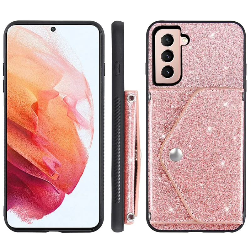Glitter Phone Case for Samsung Galaxy S23 Kickstand Card Holder Leather Coated TPU Cover with Shoulder Strap - Pink
