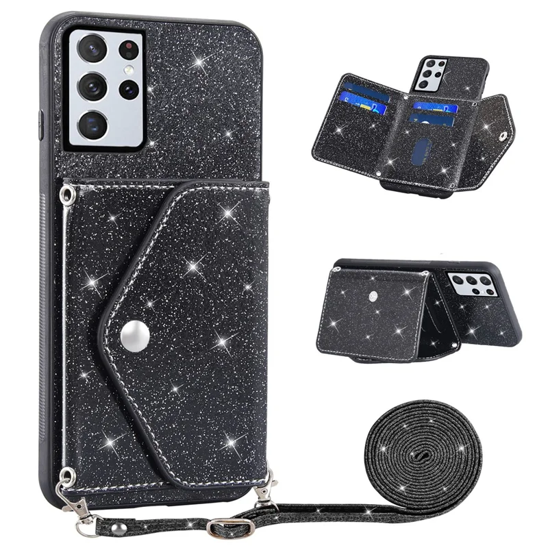 Pour Samsung Galaxy S23 Ultra Triangle Card Holder Kickstand Phone Case PU Leather+TPU Glittery Powder Phone Cover - Noir