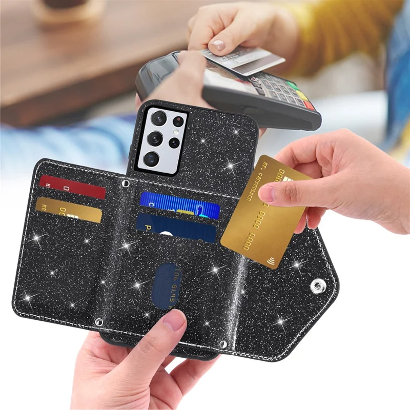Pour Samsung Galaxy S23 Ultra Triangle Card Holder Kickstand Phone Case PU Leather+TPU Glittery Powder Phone Cover - Noir