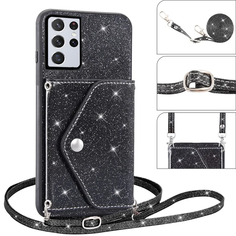 Pour Samsung Galaxy S23 Ultra Triangle Card Holder Kickstand Phone Case PU Leather+TPU Glittery Powder Phone Cover - Noir