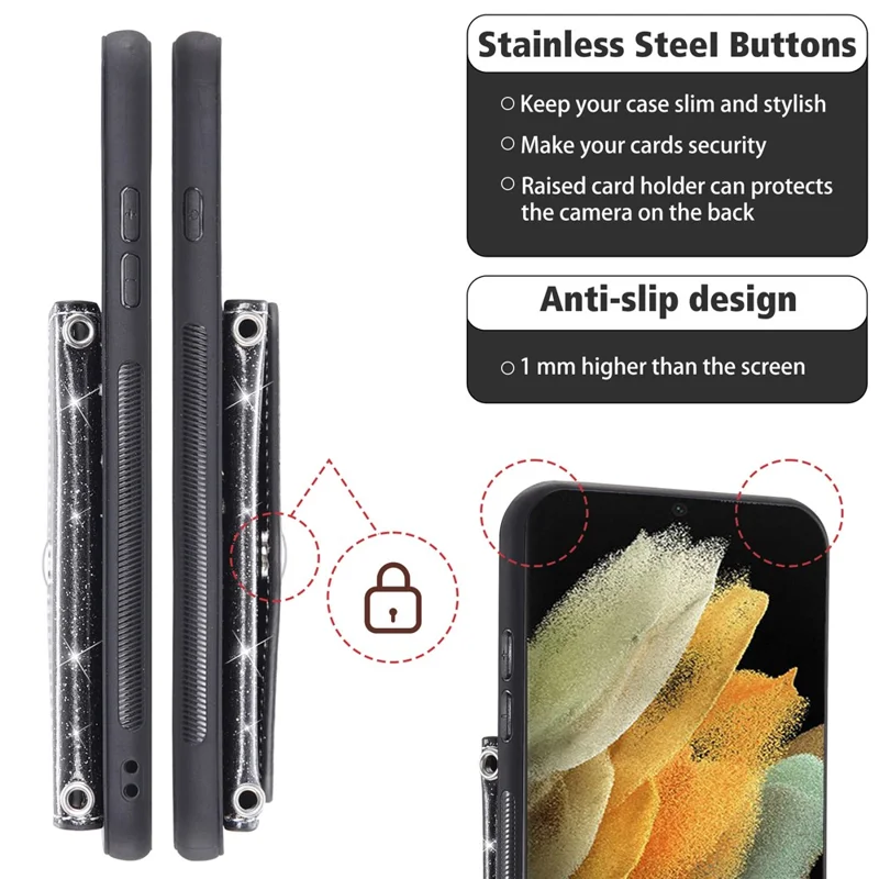 Pour Samsung Galaxy S23 Ultra Triangle Card Holder Kickstand Phone Case PU Leather+TPU Glittery Powder Phone Cover - Noir