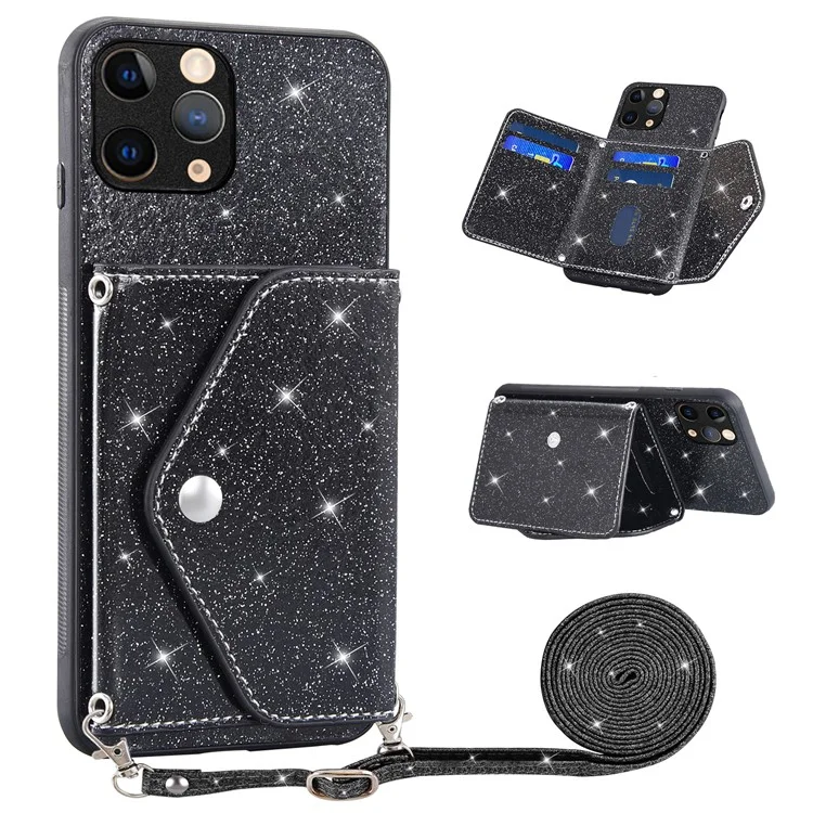 Triangle-Ständer-Kartenetui-Handyhülle für iPhone 11 Pro Max 6,5 Zoll PU-Leder+TPU Glitzerpulver Handyhülle - Schwarz