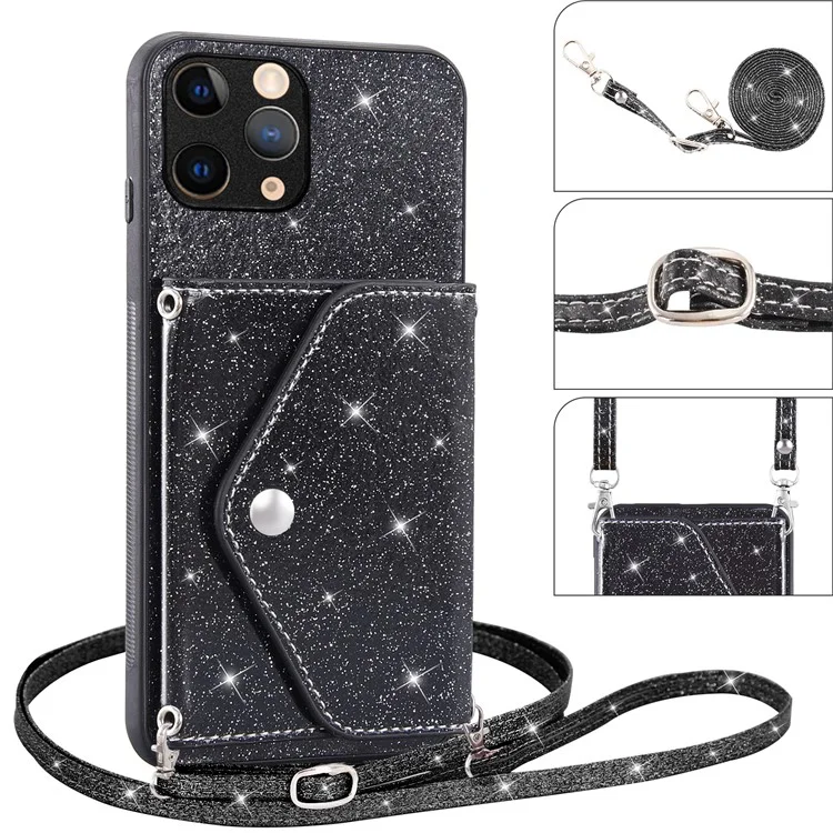 Triangle-Ständer-Kartenetui-Handyhülle für iPhone 11 Pro Max 6,5 Zoll PU-Leder+TPU Glitzerpulver Handyhülle - Schwarz