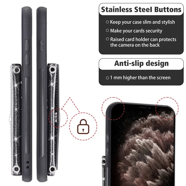 Triangle-Ständer-Kartenetui-Handyhülle für iPhone 11 Pro Max 6,5 Zoll PU-Leder+TPU Glitzerpulver Handyhülle - Schwarz