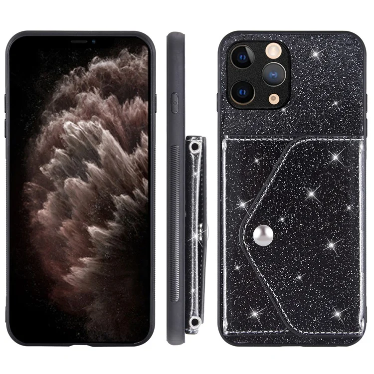 Triangle-Ständer-Kartenetui-Handyhülle für iPhone 11 Pro Max 6,5 Zoll PU-Leder+TPU Glitzerpulver Handyhülle - Schwarz