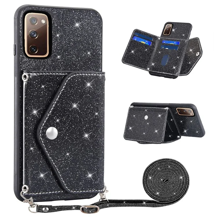 For Samsung Galaxy S20 Lite / S20 FE / S20 FE 5G / S20 FE 2022 Triangle Card Holder Kickstand PU Leather+TPU Phone Cover - Black
