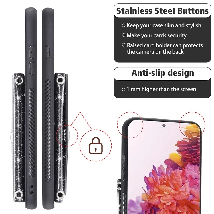 For Samsung Galaxy S20 Lite / S20 FE / S20 FE 5G / S20 FE 2022 Triangle Card Holder Kickstand PU Leather+TPU Phone Cover - Black
