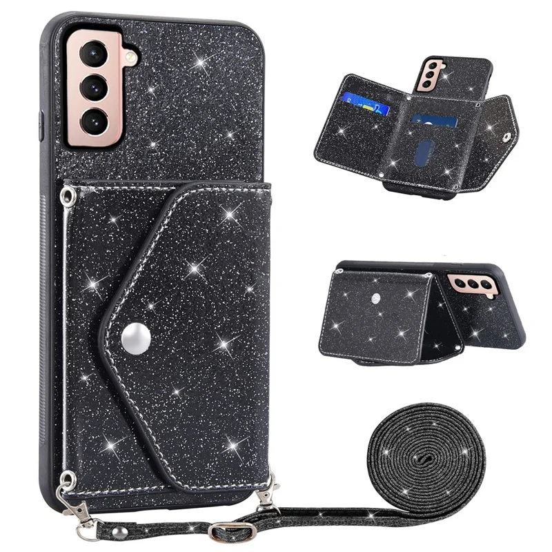 Pour Samsung Galaxy S22+ 5G Triangle Card Holder PU Leather+TPU Kickstand Phone Case Glittery Powder Shell - Black