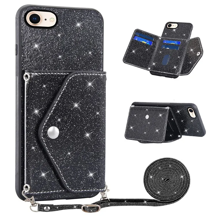 Для iPhone 7 / 8 / SE (2020) / SE (2022) Kickstand Phone Case PU Leather+TPU Glittery Powder Cover with Card Holder - Black
