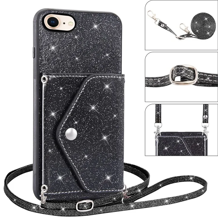 Для iPhone 7 / 8 / SE (2020) / SE (2022) Kickstand Phone Case PU Leather+TPU Glittery Powder Cover with Card Holder - Black