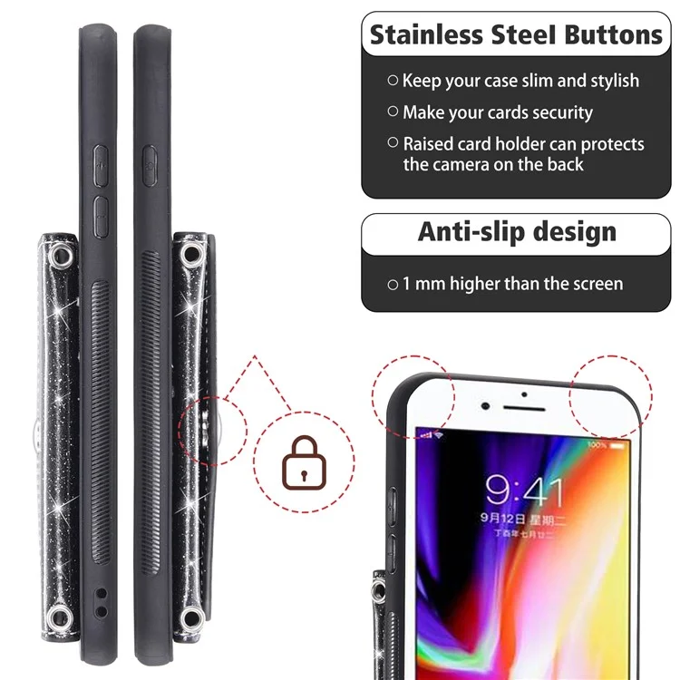 Для iPhone 7 / 8 / SE (2020) / SE (2022) Kickstand Phone Case PU Leather+TPU Glittery Powder Cover with Card Holder - Black
