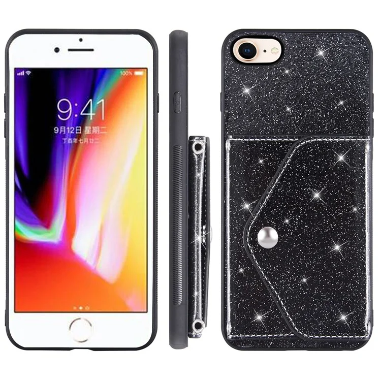 Для iPhone 7 / 8 / SE (2020) / SE (2022) Kickstand Phone Case PU Leather+TPU Glittery Powder Cover with Card Holder - Black