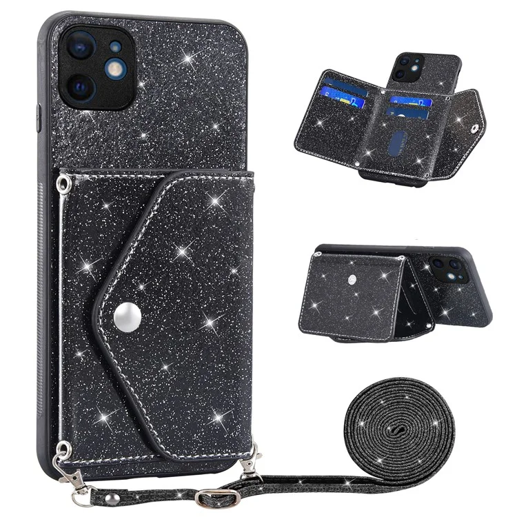 Für iPhone 12 mini 5.4 Zoll Schultergurt Handyhülle mit Ständer und Kartenfach, mit glitzerndem Puderdekor - Schwarz