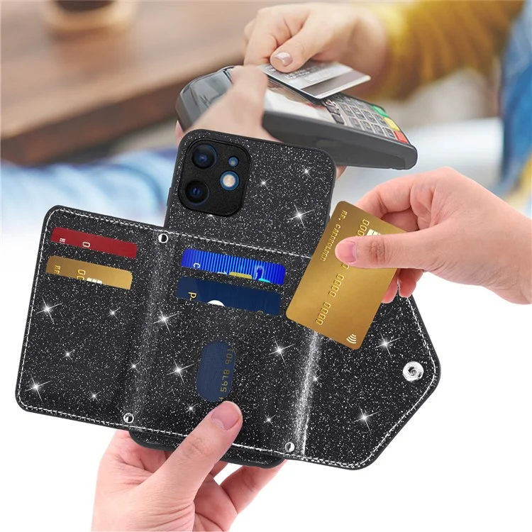 Für iPhone 12 mini 5.4 Zoll Schultergurt Handyhülle mit Ständer und Kartenfach, mit glitzerndem Puderdekor - Schwarz