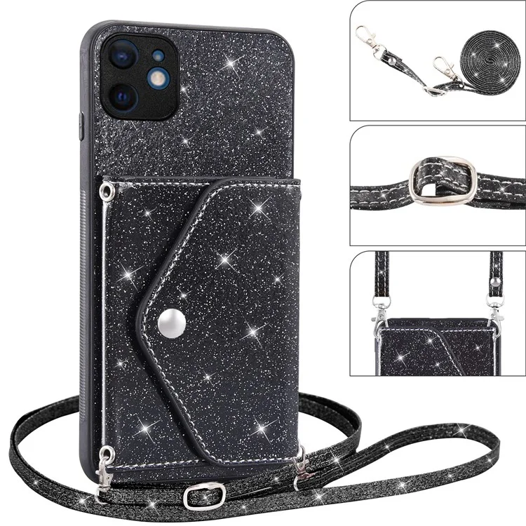 Für iPhone 12 mini 5.4 Zoll Schultergurt Handyhülle mit Ständer und Kartenfach, mit glitzerndem Puderdekor - Schwarz